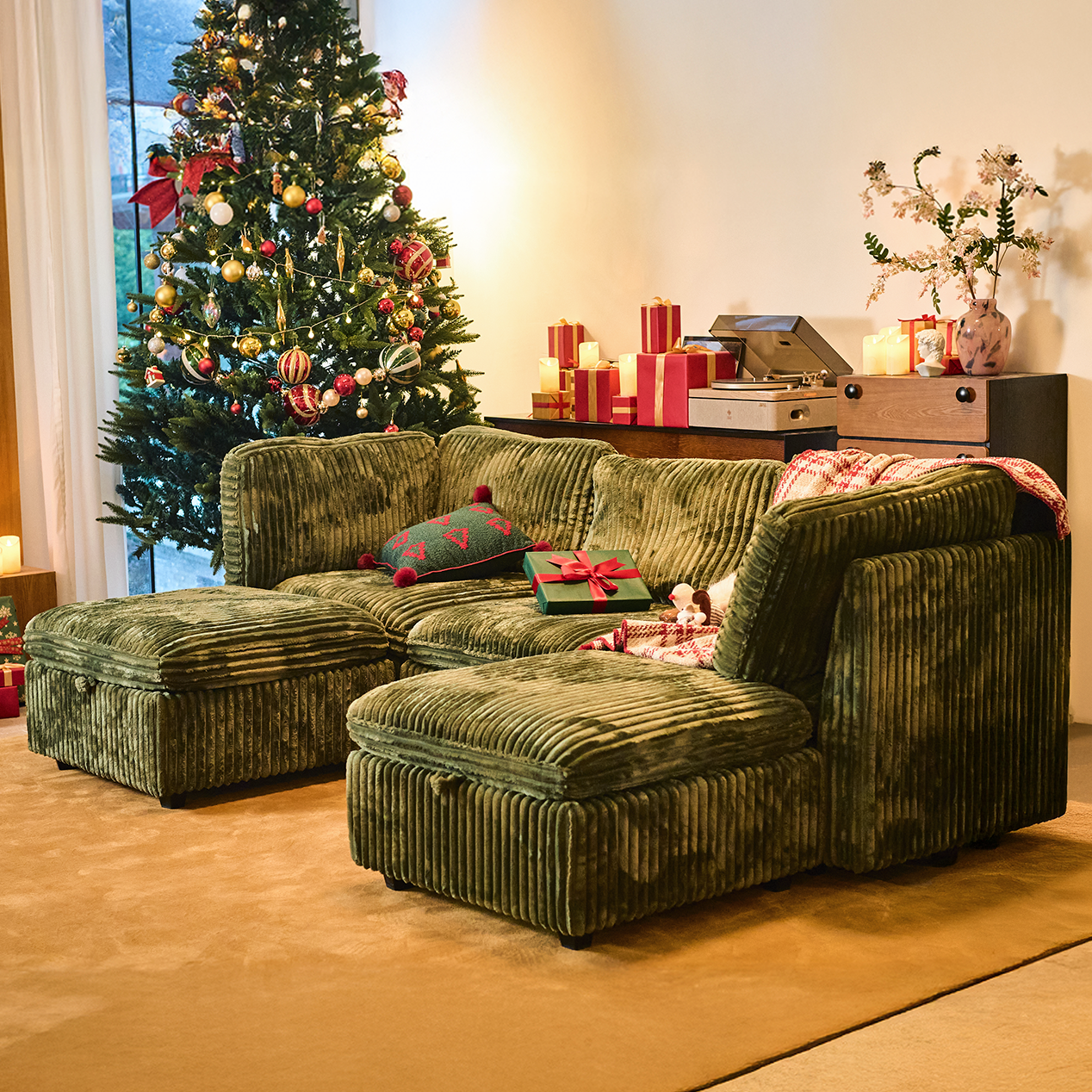 Sofinity Cloud Couch sectional sofa in Olivewood Green, corduroy fabric, 5B configuration #50245398790364