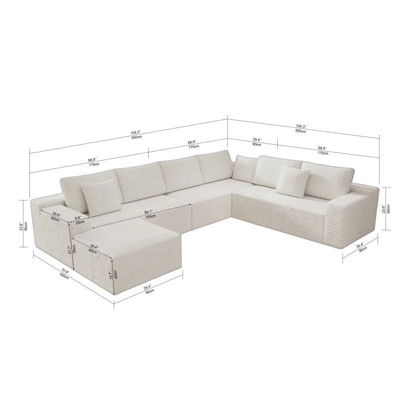 Measurement chart of a sectional outdoor sofa with dimensions on a white background